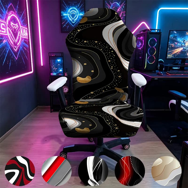 1PC Black Gold Fluid Marble Gaming Chair Cover, E-sports Stretch Elastic Anti-Scratch Slipcover for Gamer & Office Chair