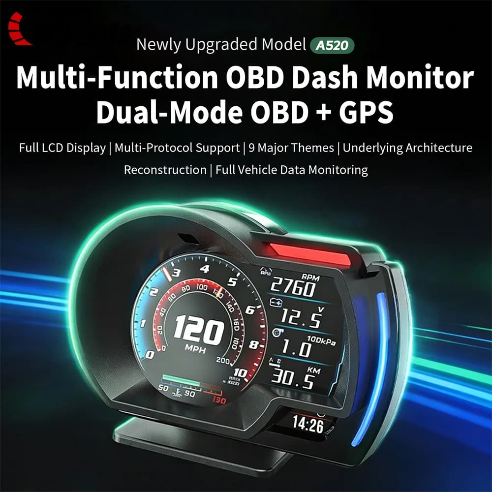 Display digitale Head-Up OBD2 + GPS per auto, tachimetro HUD con indicatore di velocità, pressione turbo, temperatura acqua e allarme RPM per auto e camion