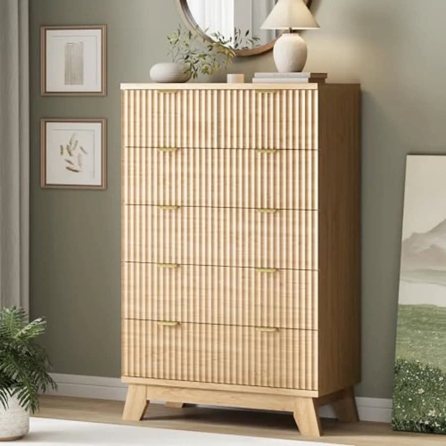 Cassettiera Scanalata per Camera da Letto con 6 Cassetti, 117 cm di Altezza, Moderna Cassettiera con Maniglie in Metallo, Mobile TV in Legno