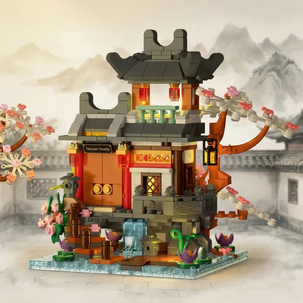 MOC Creative Peach Blossom Tre in Uno Blocchi da Costruzione in Stile Cinese con Luce, Kit Modello Educativo STEM Fai-da-te, Regalo per Bambini