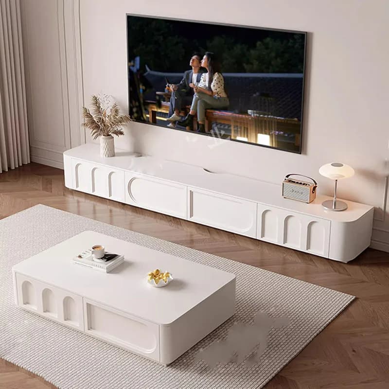 Mobili TV in Legno Stile Nordico, Mobili Bianchi per Soggiorno, Tavolo TV Moderno, Console con Ripiani, Mobili Italiani per TV