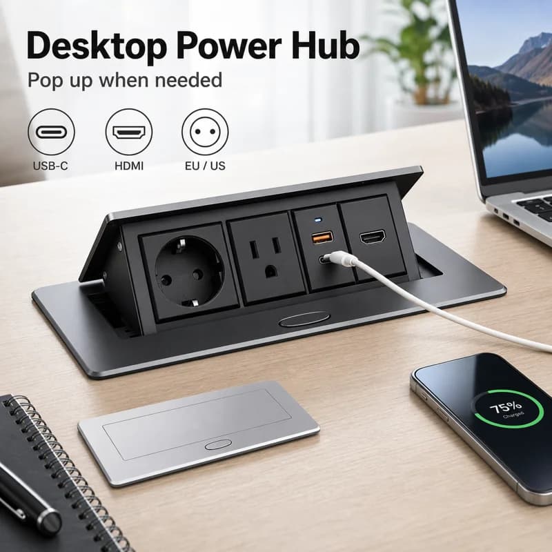 Silver Black Floor Desktop Power Socket EU US Universal Outlet 2/3/4 Plug Type-C USB HDMI Metal Pop Up Embedded Panel For Office