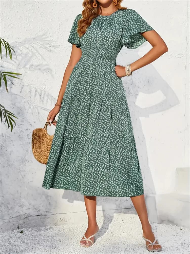 Abiti vintage con stampa vintage, maniche a sbuffo, estivi, da spiaggia, eleganti, casual, con scollo quadrato, floreali, lunghi, da festa.