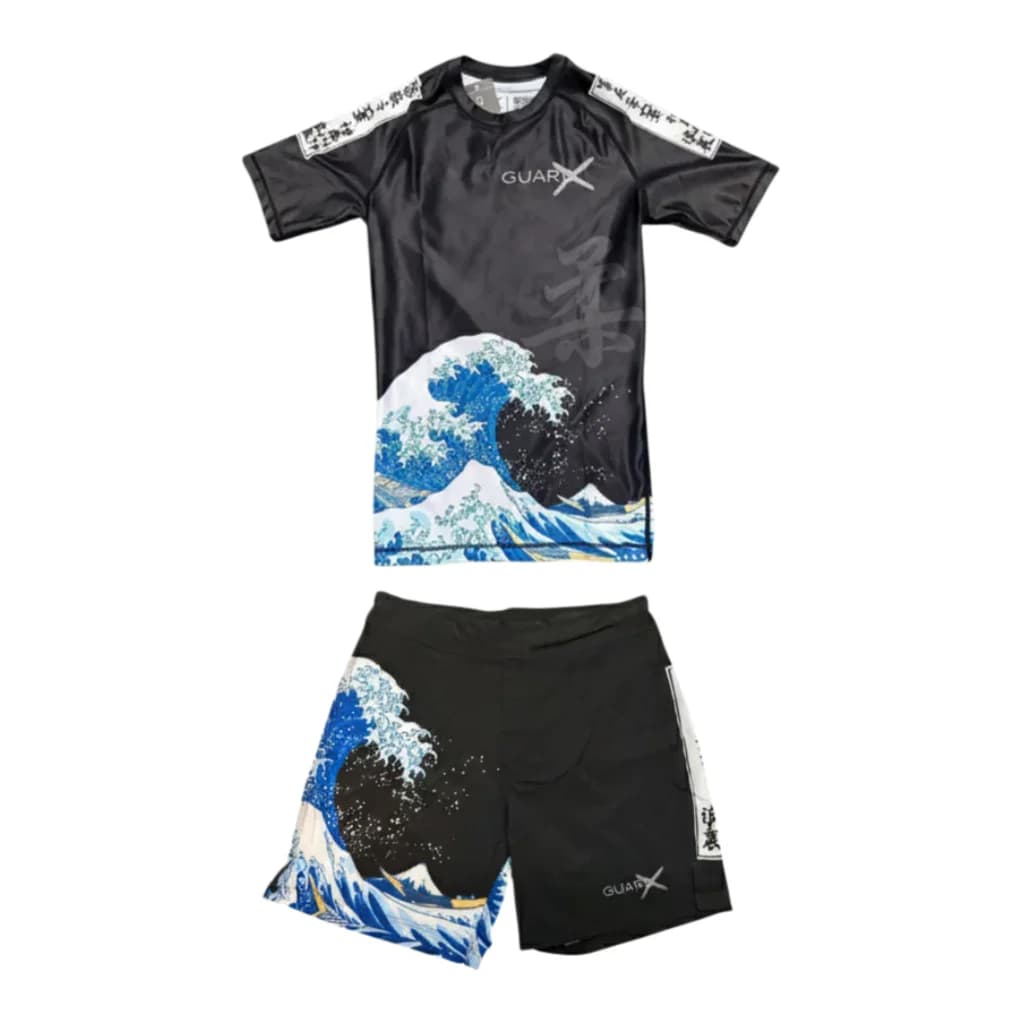 Set Rashguard e Pantaloncini da Combattimento (Manica Corta) Ukiyo-e Giapponese con Motivo Onde Oceaniche per Brazilian Jiu Jitsu, Set Estivo da Uomo ad Asciugatura Rapida