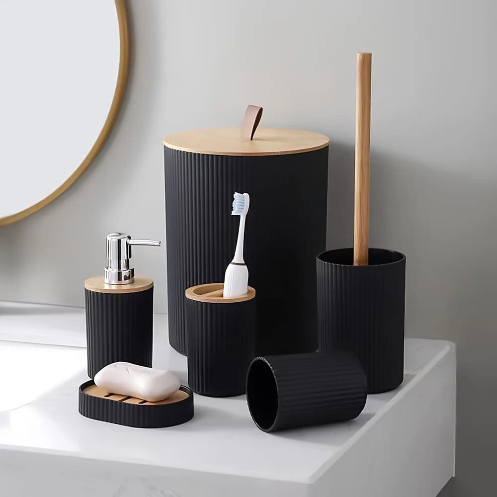 Set di accessori da bagno da 6 pezzi con pattumiera portaspazzolino dispenser di sapone per lozione portasapone scopino per WC strumenti da bagno