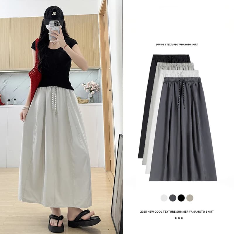 Gonna lunga a vita alta da donna, stile workwear, a trapezio, drappeggiata e ampia, modello estivo 2025, effetto snellente, di DELUEST