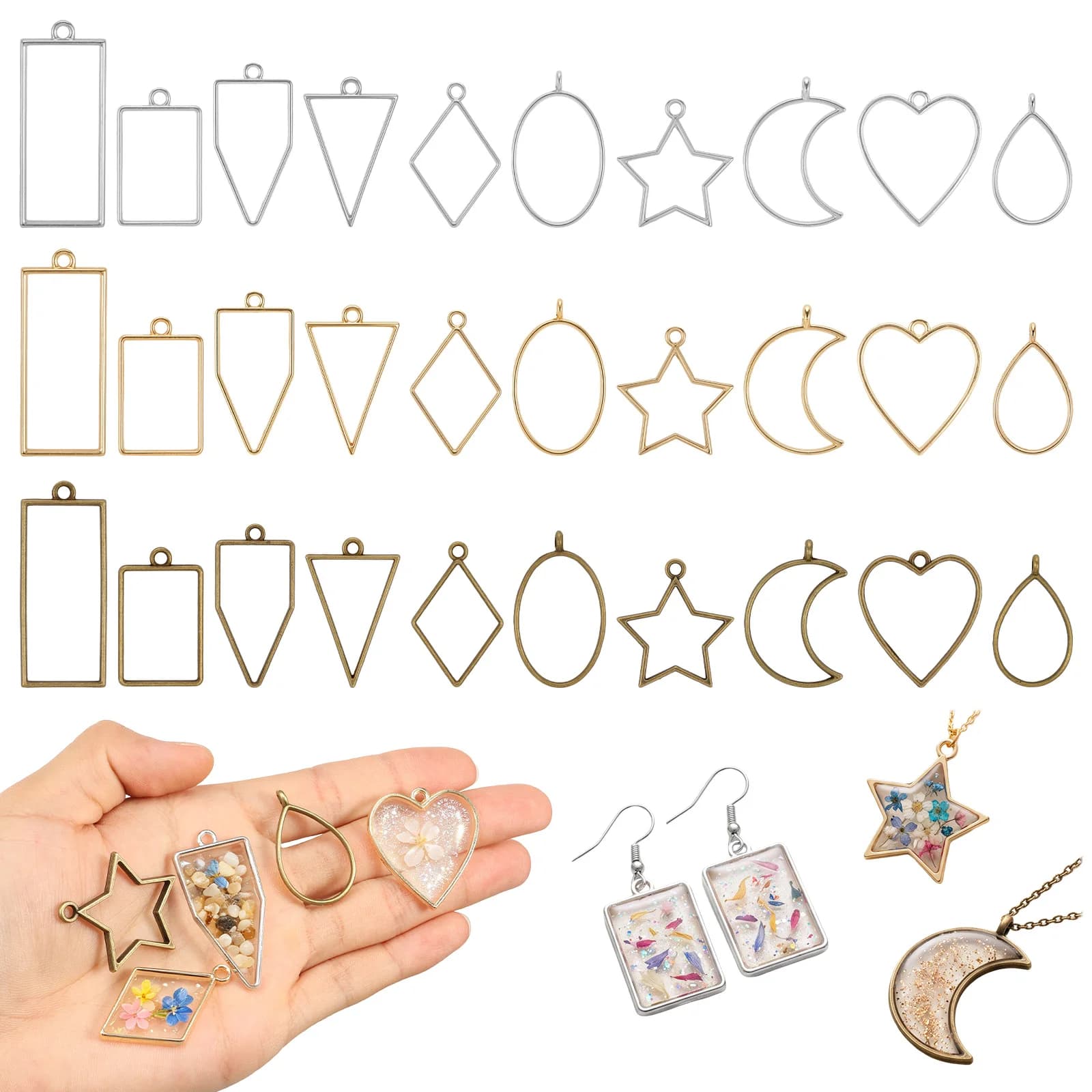 30Pcs Hollow Frame Pendant Charm Metal Geometric Open Bezel Charms UV Epoxy Resin Craft Bezel For DIY Jewelry Making Accessories