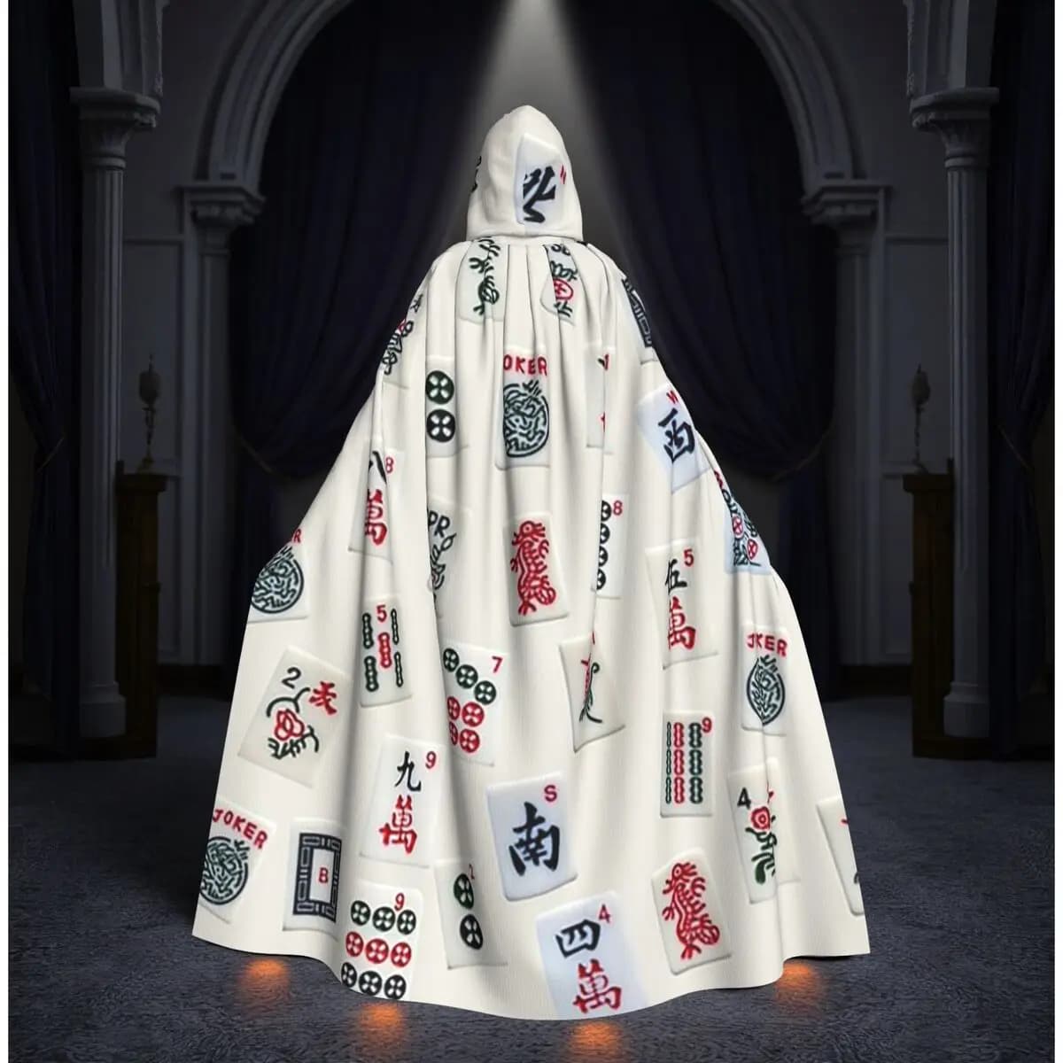 Mantello Lungo con Cappuccio Design Mahjong, Costume da Strega Medievale, Mantello per Cosplay, Halloween, Vampiro, Unisex per Adulti