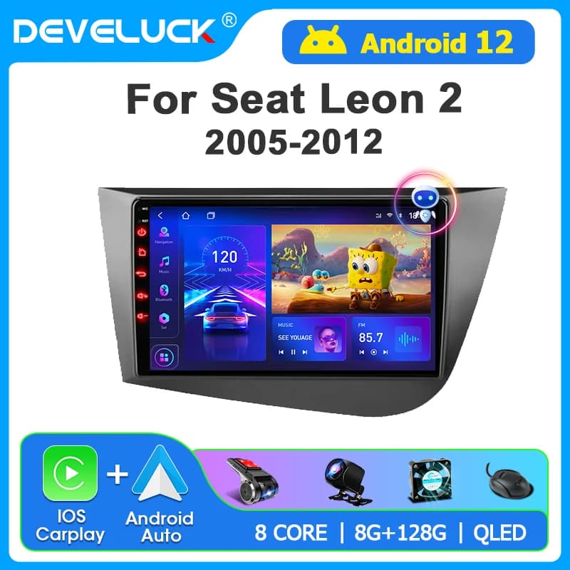 Develuck Android 12.0 Autoradio Carplay Auto Per Seat Leon 2 2007 - 2015 Lettore Video Multimediale 2Din 4G WIFI Navigazione GPS RDS