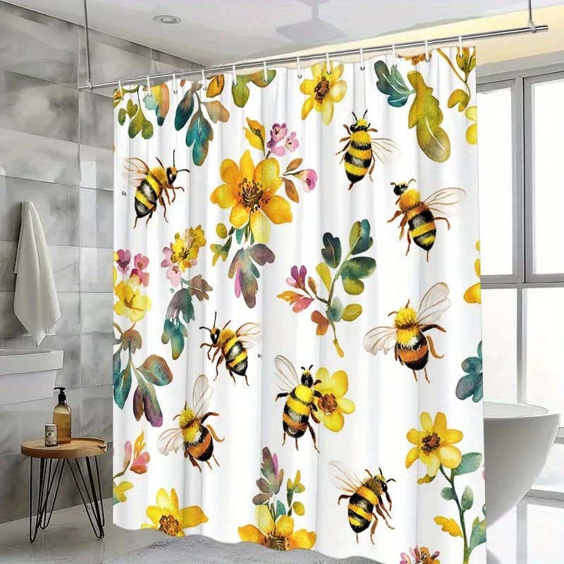 Tenda da doccia con api e fiori ad acquerello da 1 pezzo - Design leggero giocoso, poliestere, 70,8x70,8 pollici, 12 ganci, decorazione per vasca da bagno