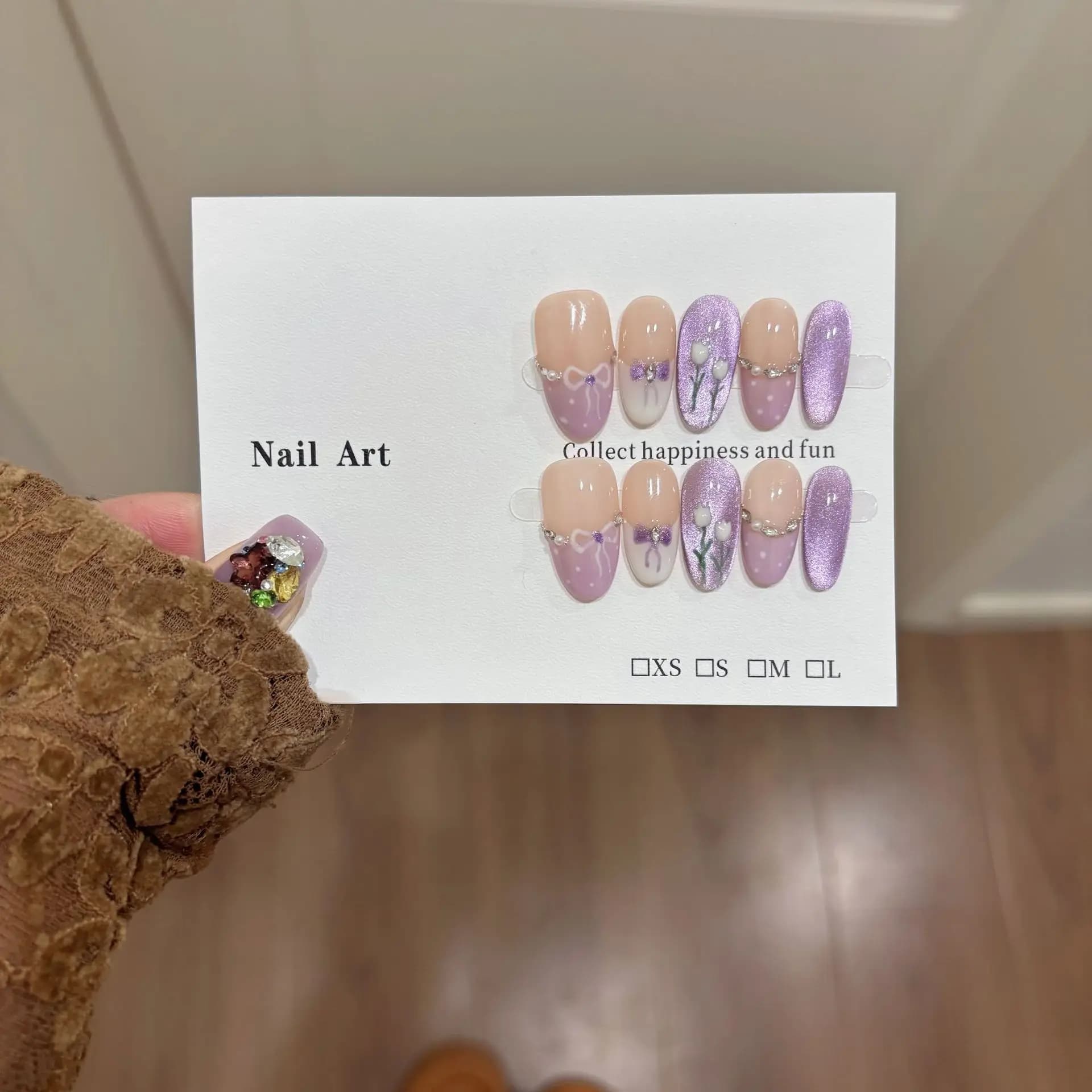 10 Pieces Cat Eye Press on Nails Purple Tulip Wearable Nail Heart French Short Nails Bowknot Nail Art Pearl Fin Nails