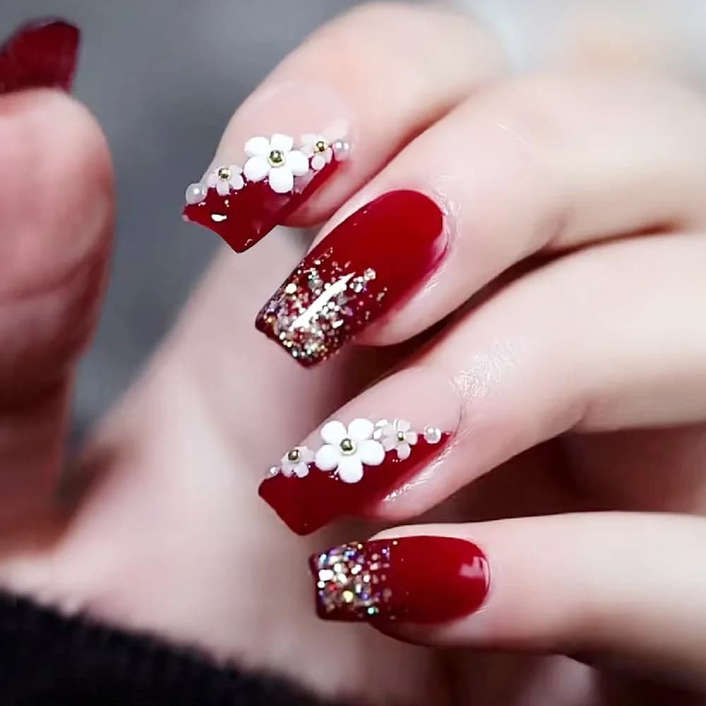 24pcs Glossy Red Press on Nails with White flowers Decor Coffin Head Fake Nails Full Cover Wearable Sweet Korean False Nails