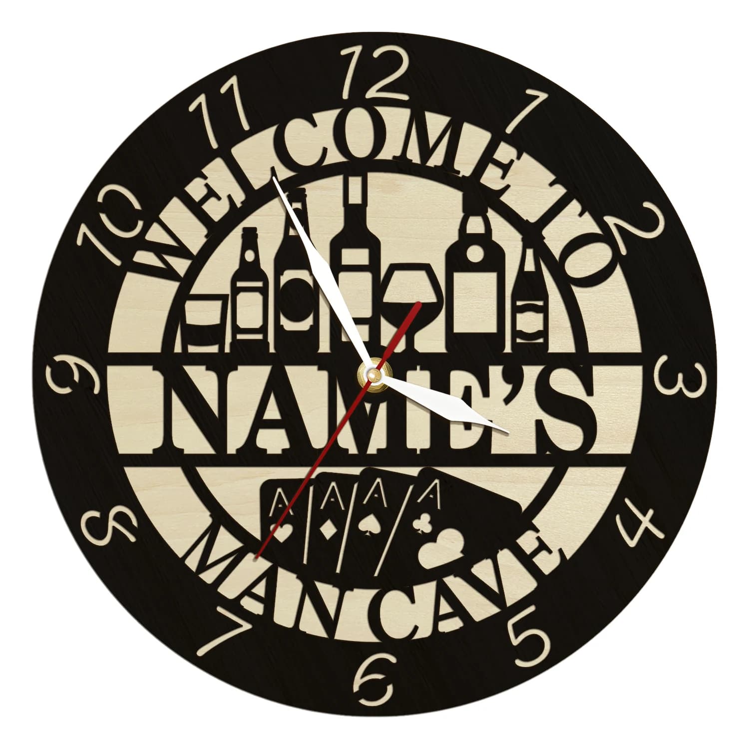 Bar personalizzato Nome pub Orologio da parete in legno nero Cucina Sala da pranzo Decor Man Cave Wine Sign Orologio da parete personalizzato Regalo da barista