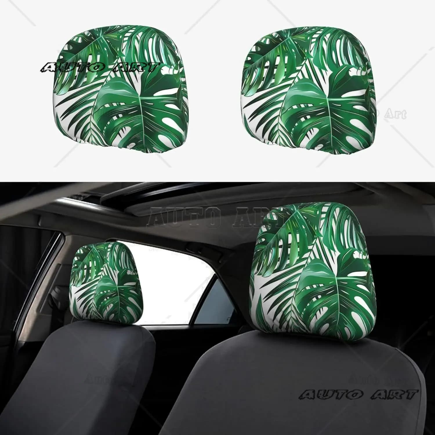 Set di 2 coperture per poggiatesta per auto con foglie di palma verdi, accessori universali per poggiatesta per sedili automobilistici per camion per auto