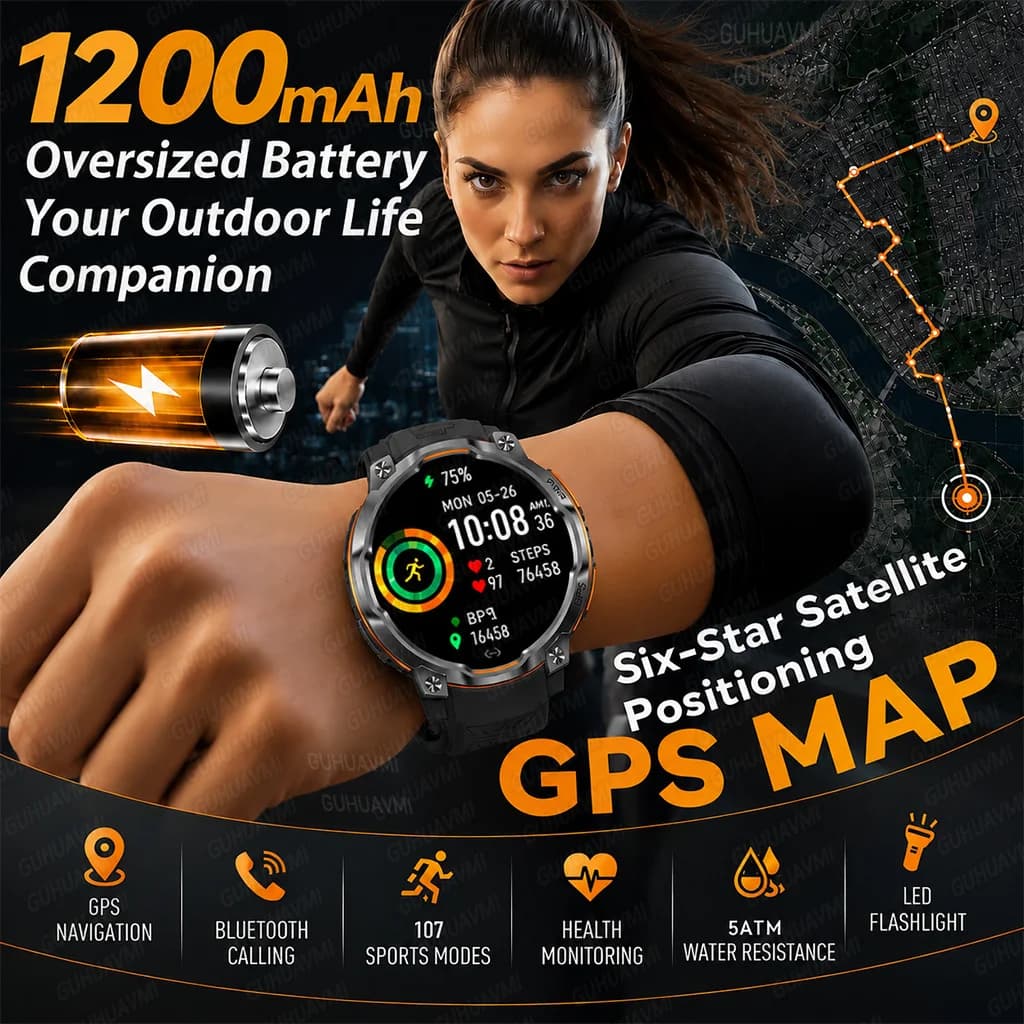 Offline Map GPS Smart Watch Men 1200mAh Battery 5ATM Waterproof Compass Altimeter 107 Sports Bluetooth Call Outdoor Smartwatch