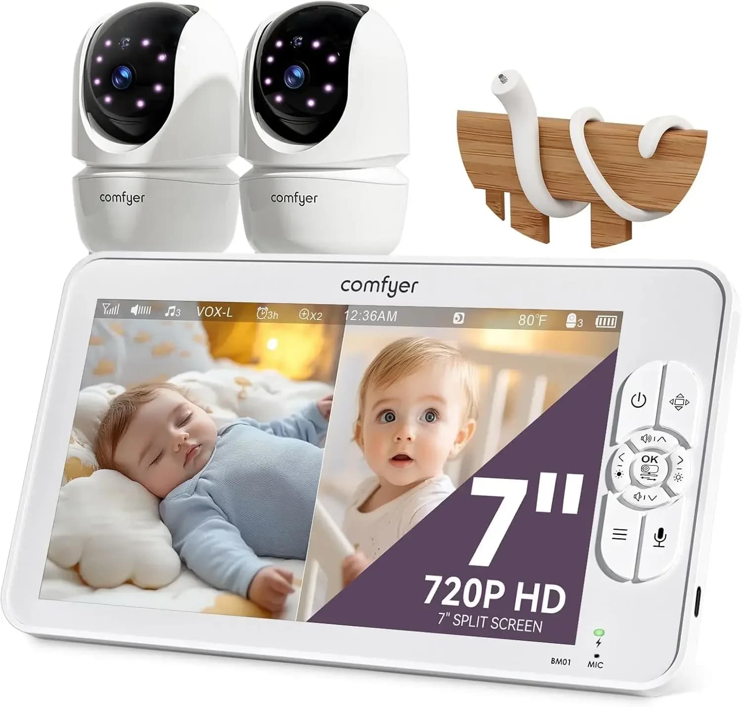 7" HD Split-Screen Baby Monitor with 2 1080P Cameras, 48 Hrs 6000mAh Battery Runs 2 Days in VOX Mode, No WiFi Monitor with a Fle