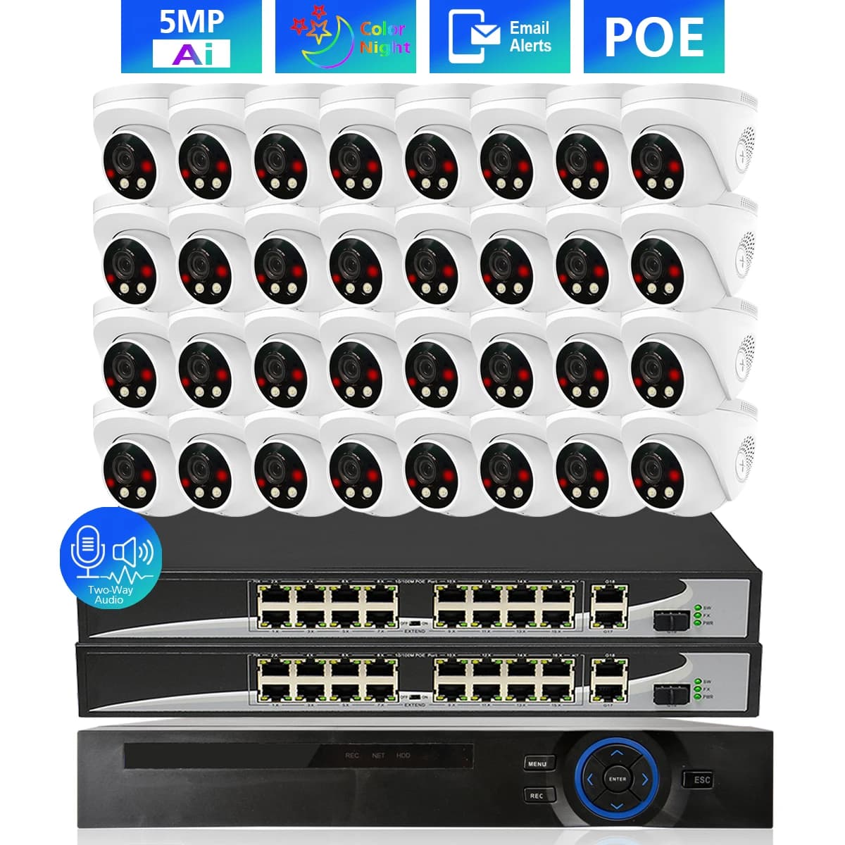 TOPROHOMIE H.265 + 32CH HDMI 4K NVR con sistema di telecamere di sicurezza da 5mp Kit telecamera IP bidirezionale per visione notturna a colori a cupola interna