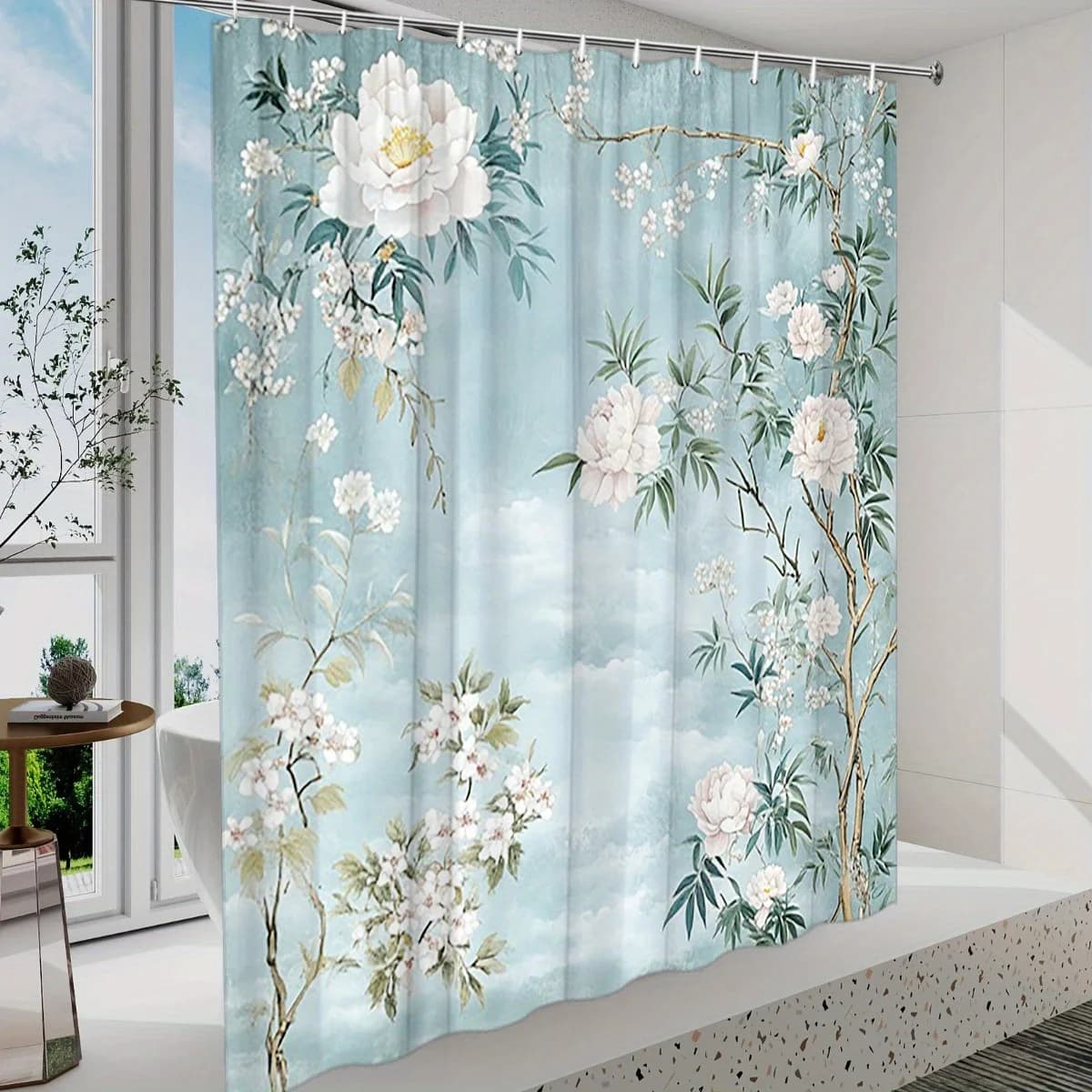 Tenda da doccia con fiori bianchi da 1 pezzo: peonie e rami floreali, morbido cielo blu nuvoloso, arte con inchiostro cinese, poliestere