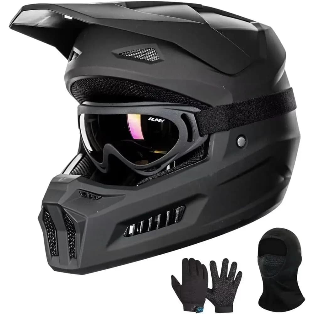 Casco da motocross per ragazzi con occhiali, guanti e maschera, certificato DOT, nero opaco, taglia Youth-Large