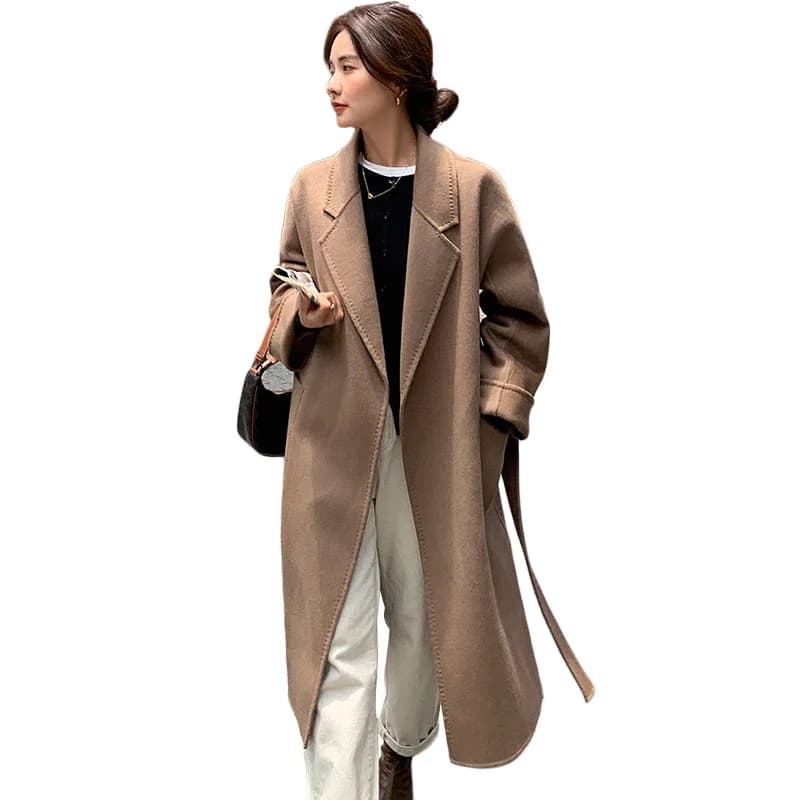 Cappotto Lungo in Vera Lana 100% con Apertura Frontale, Cintura, Collo Risvoltato, Tessuto Denso, Risvolto a Tacca, per Donna Autunno Inverno
