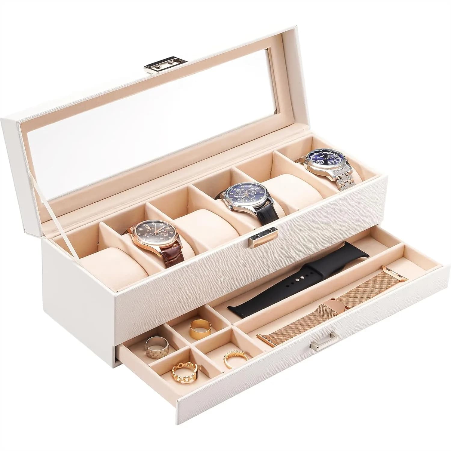 Scatola portaorologi con 6 scomparti, custodia per orologi da uomo con coperchio in vetro e cassetto, organizer per gioielli a 2 livelli per uomo
