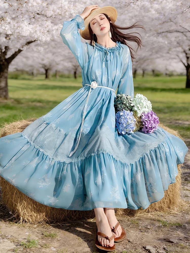 Abito Estivo Chic da Donna in Chiffon Stampato con Colletto a Balze Effetto Legno, Gonna Lunga Morbida e Svolazzante Stile Vintage