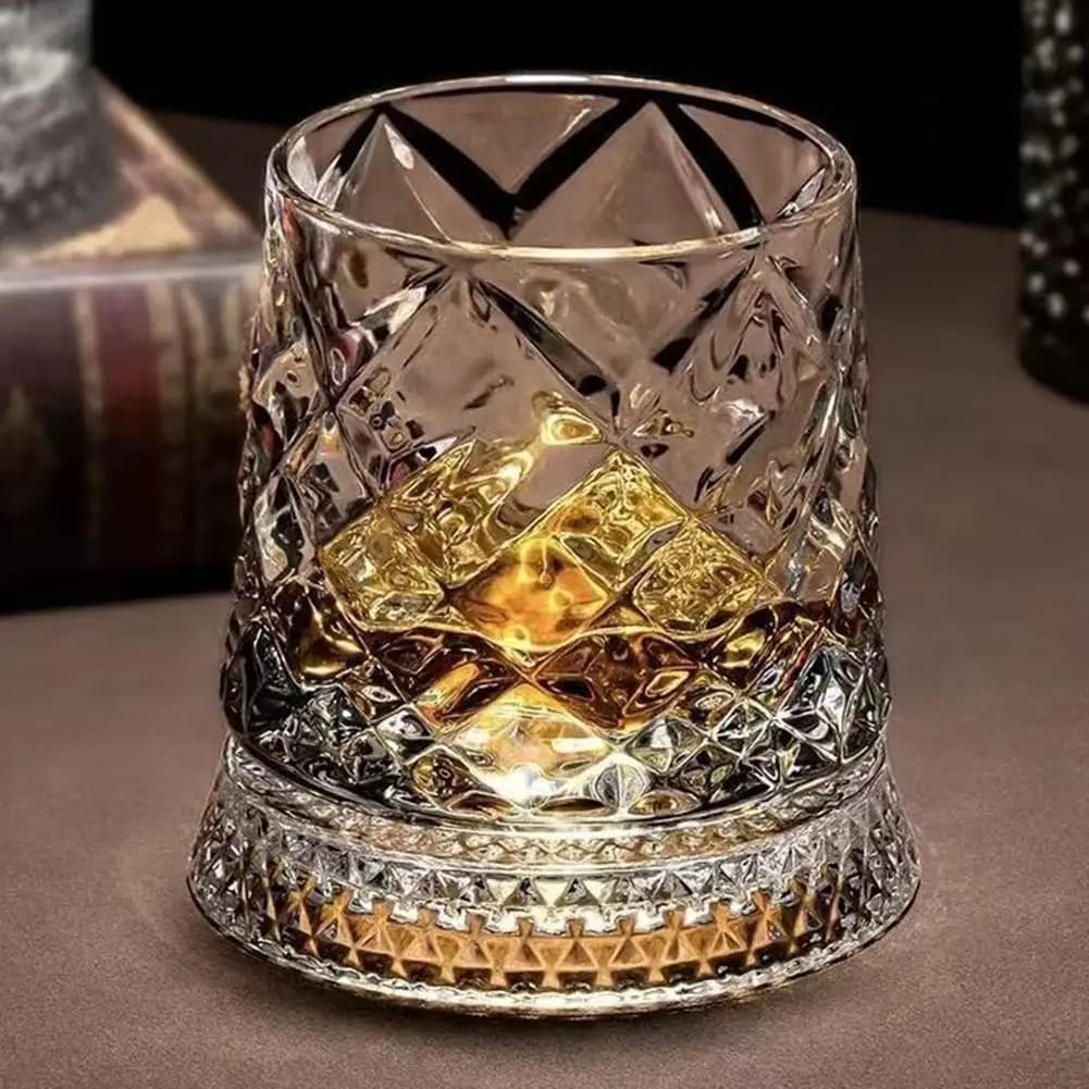Bicchieri da whisky rotanti con base in vetro, rotazione a 360 gradi, bicchiere in cristallo per rum, ideale per cocktail party, regalo per gli amanti del whisky.