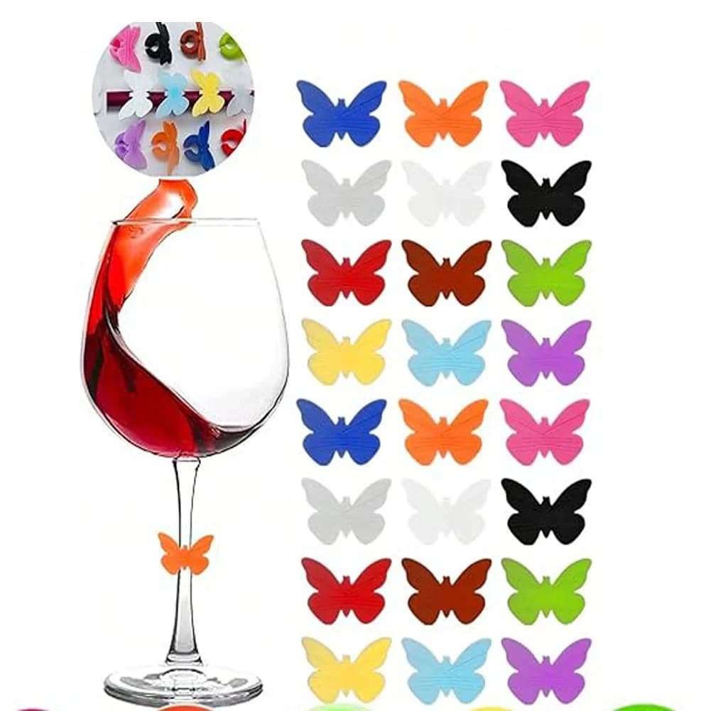 Ciondoli riutilizzabili per bicchieri da vino in silicone con farfalla, pennarelli per bevande, etichette per strisce di bottiglie, identificatori in vetro per feste, cocktail, champagne