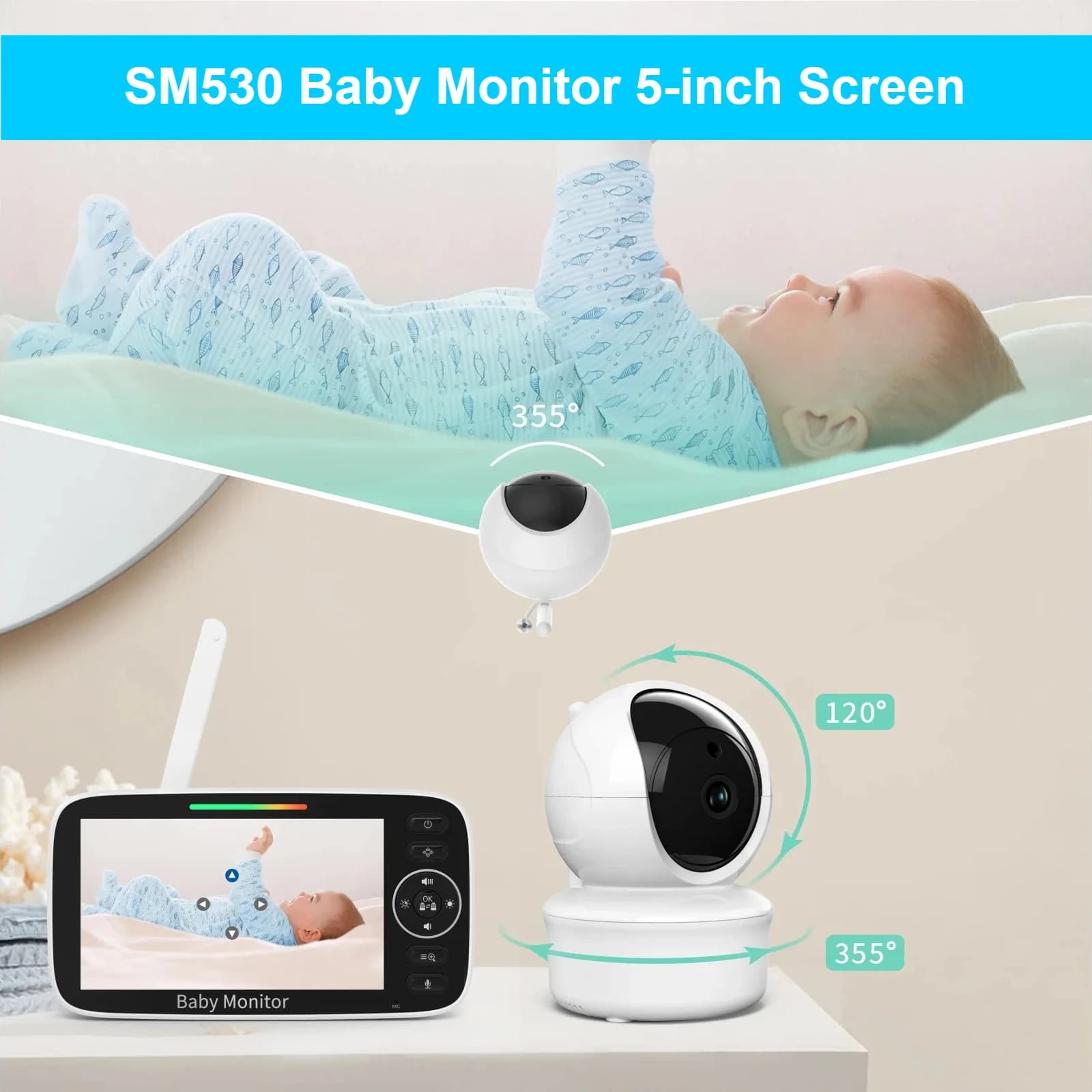 Baby monitor con schermo LCD da 5 pollici, visione notturna video HD 720P, audio bidirezionale, ninne nanne, avviso sonoro, sensore di temperatura per la cameretta