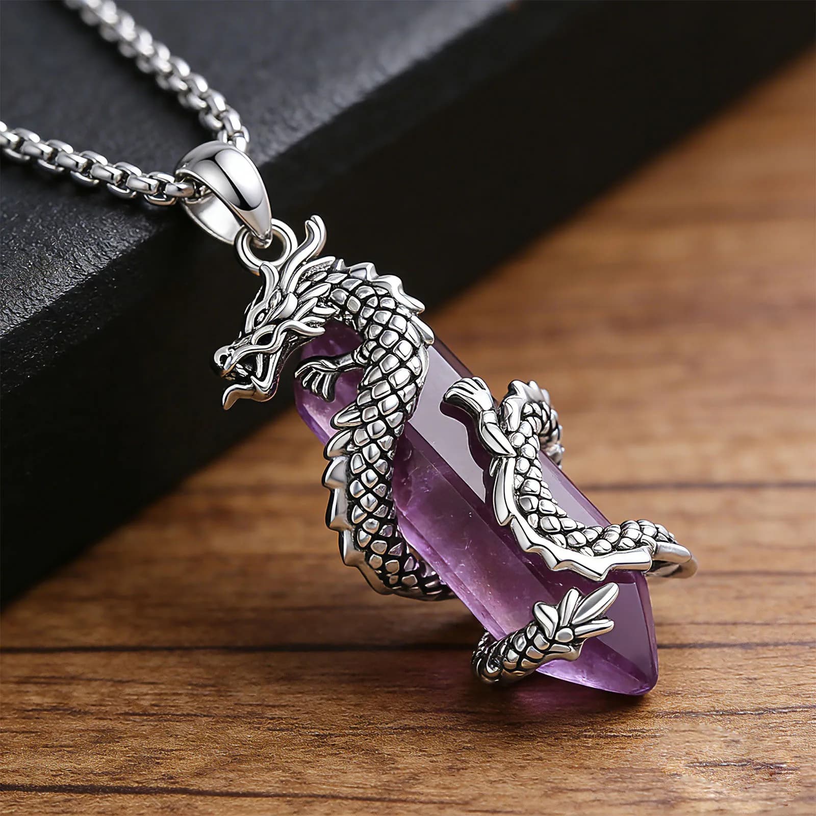 Collana Eudora con Drago in Ametista, Ciondolo Amuleto in Cristallo Naturale, Gioiello Spirituale per Uomo e Donna
