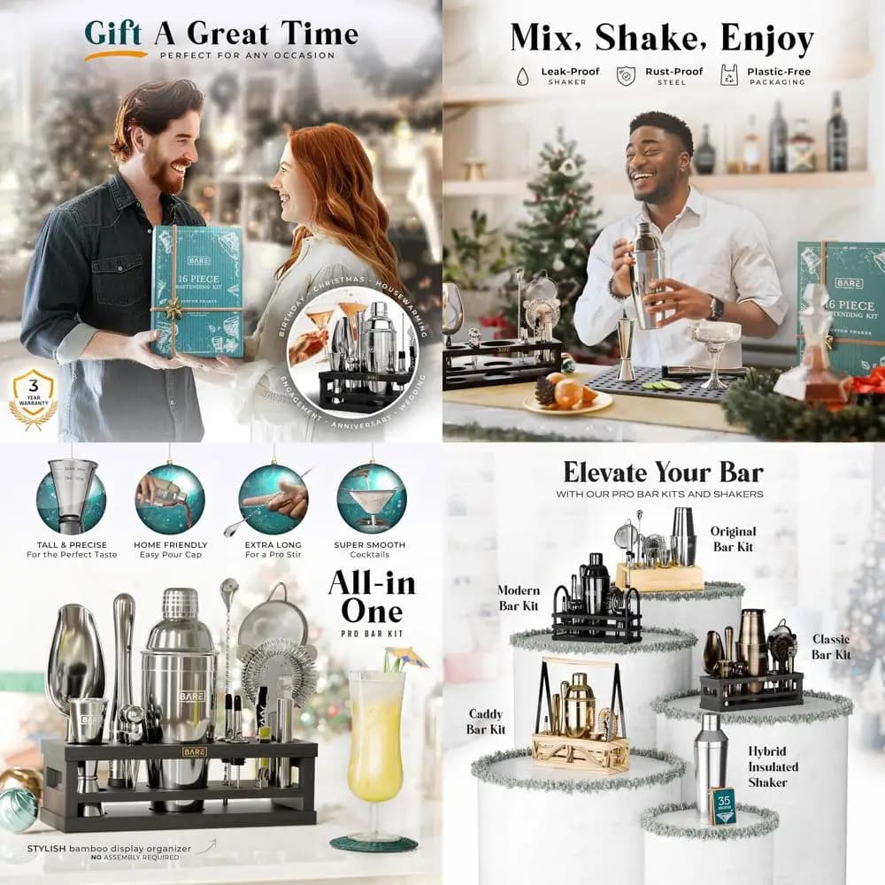 Set da Cocktail 16 Pezzi | Set da Barman per Casa con Shaker da 24 Once | 35 carte ricettarie incluse | Argento/Nero