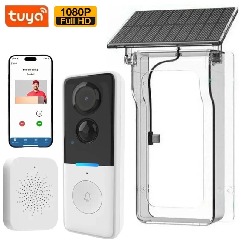 Tuya Campanello senza fili esterno Copertura solare Videocitofono 1080P Audio bidirezionale Rilevazione movimento Spioncino Telecamera per porta Campanello Wifi