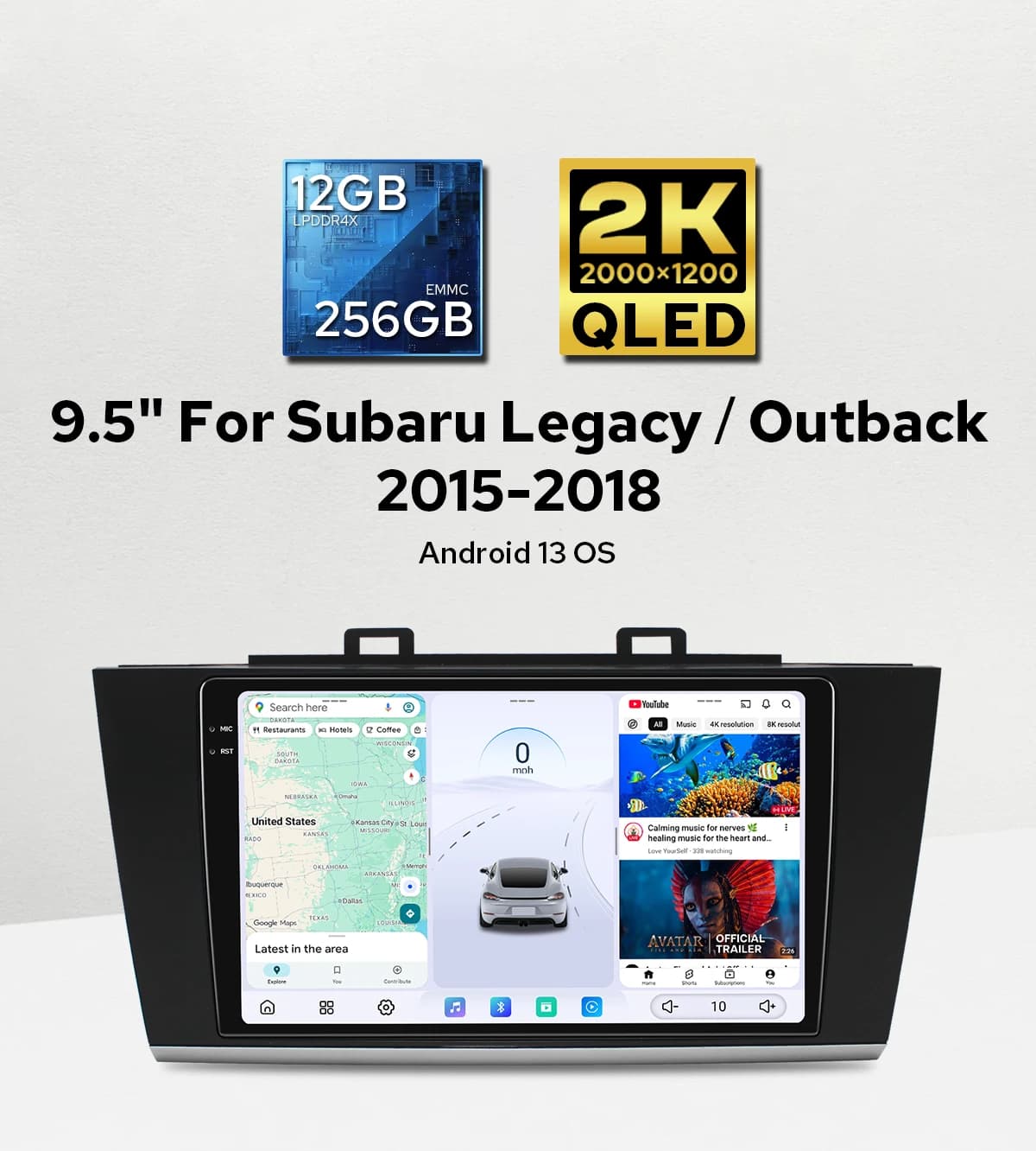 Top Fit 9.5 pollici 2K QLED Car Stereo Lettore DVD per auto CarPlay Navigazione GPS per Subaru Legacy/Outback 2015-2018 12GB + 256GB