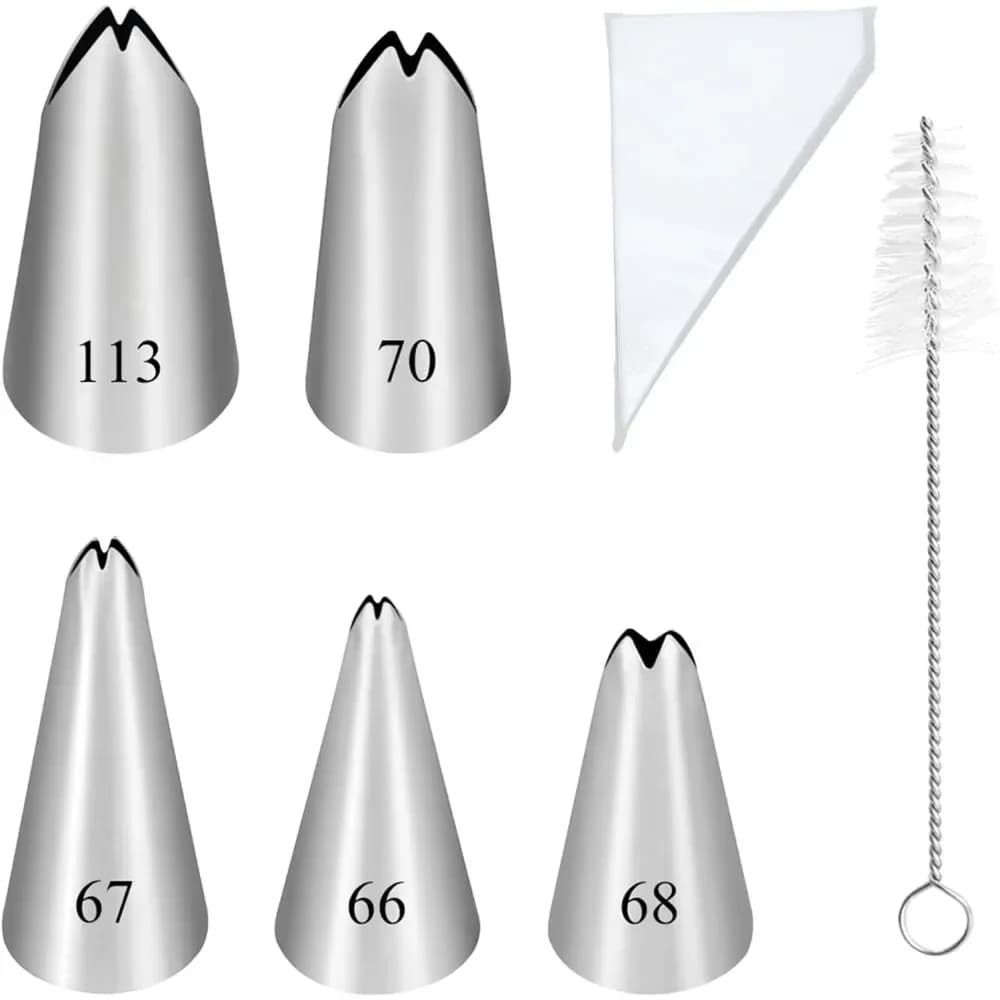 Set of 5 Stainless Steel Piping Tips for Decorating Pastry, Cupcakes with 50 Piping Bags and Cleaning Brush