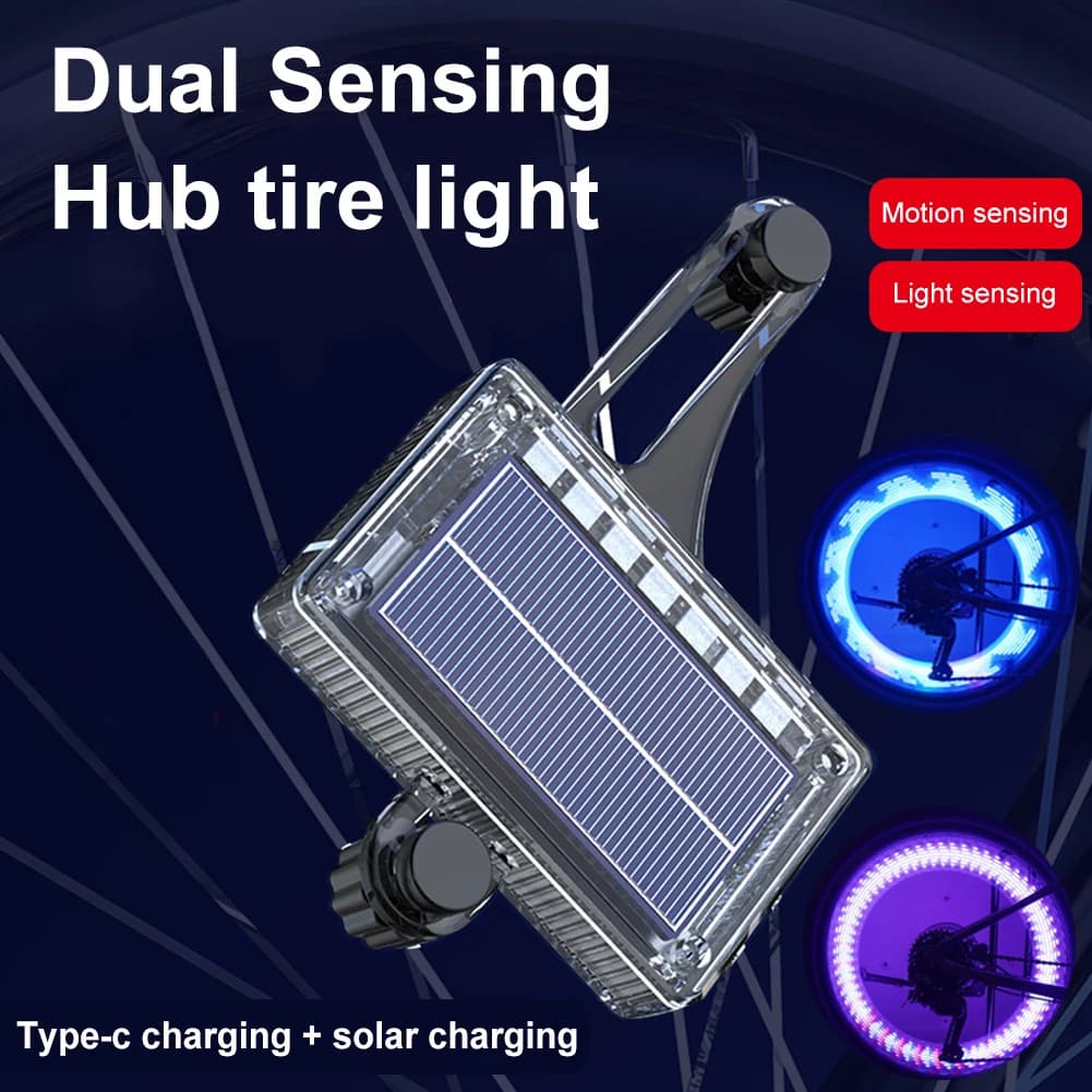LED Colorful Solar Light for Bike Wheel Safety Light for Rechargeable Bike Tires via USB Bike Tire Lights with Intelligent Detection for Night Guide