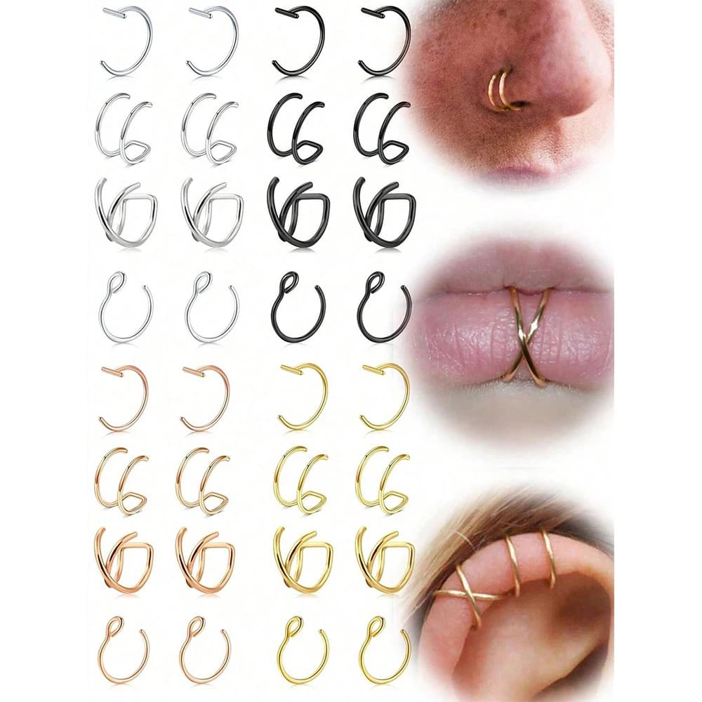 8 pezzi/set anello per labbro finto in acciaio inossidabile non penetrante per labbro naso orecchio cerchio 18G 8mm, anello per naso finto ipoallergenico