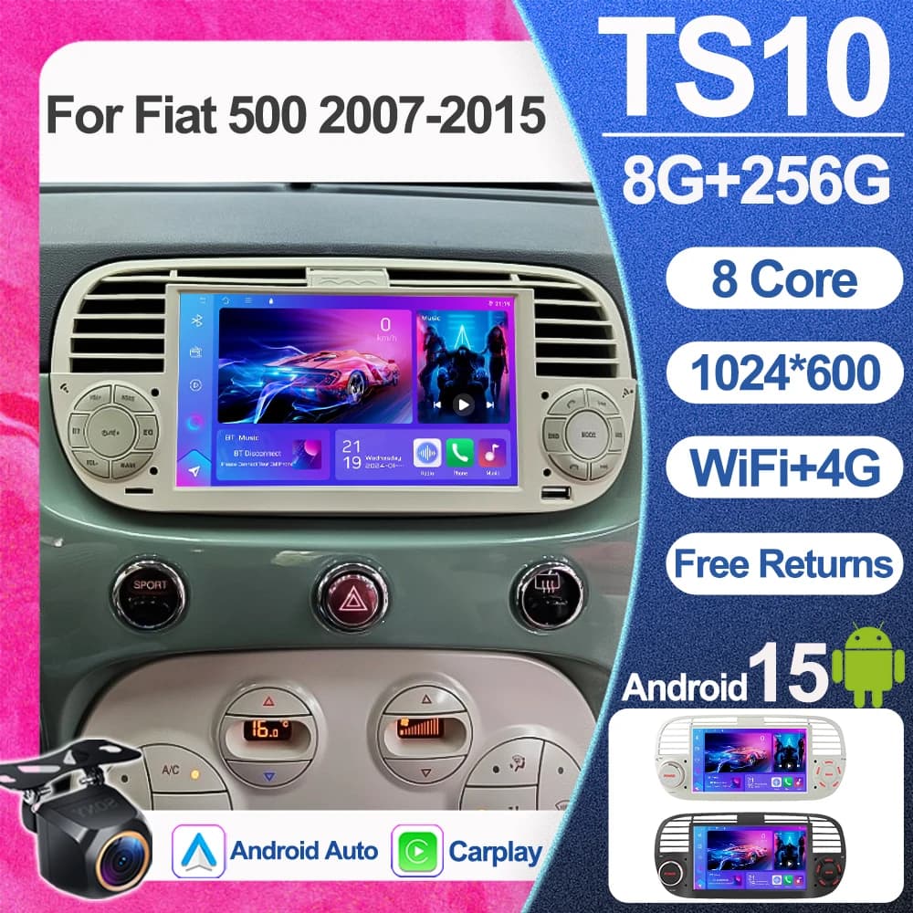 Android 15 For FIAT 500 Abarth 2007-2015 Autoradio Stereo GPS navigation Multimedia Carplay Auto DVR WIFI BT ADAS