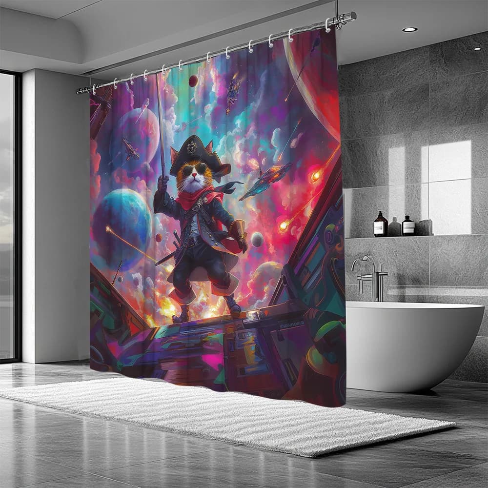 Tenda da doccia impermeabile resistente al muffa Space Pirate Cat: design divertente e vibrante per un'esperienza unica dell'arredamento del bagno