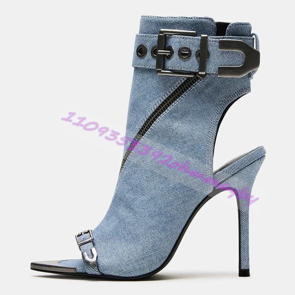 Stivali Estivi in Denim Blu a Punta per Donna, Sandali con Cintura in Pelle e Fibbia, Tacco Alto con Cerniera e Punta in Metallo alla Moda