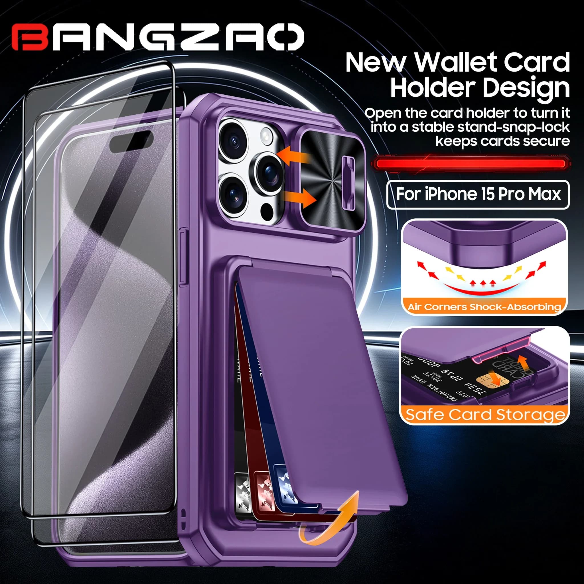 with RFID Blocking, Card Holder, Build-in Military Grade Drop Protection Cover for iPhone 15 Pro Max Case-Purple