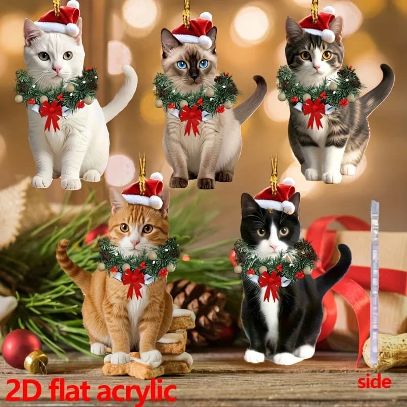 Simpatico gatto 2D piatto acrilico ciondolo natalizio albero di Natale festivo ornamenti appesi per la decorazione festiva dell'albero Xmax delle vacanze
