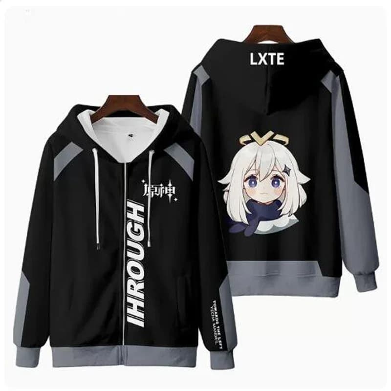 Genshin Impact Felpe con cerniera 3D Anime Paimon Cartoon Zip Up Felpa con cappuccio da donna/uomo Felpa con cappuccio Giacca Paimon Costume Cosplay