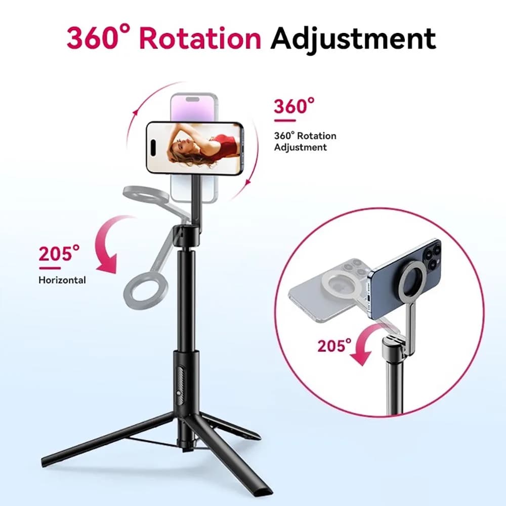 Treppiede retrattile multifunzionale portatile con treppiede remoto Bluetooth senza fili con selfie stick magnetico ruotabile a 360 gradi per IOS Android