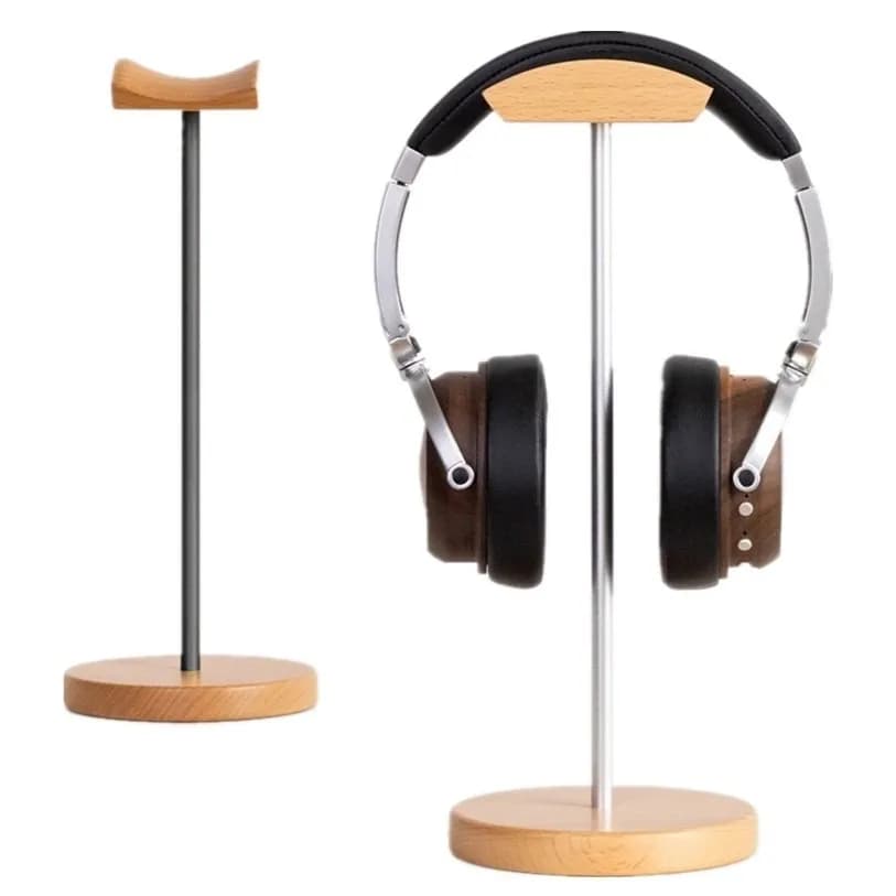 Wooden Head-Mounted Headphone Stand, Metal Bracket Desktop Headset Hanger, Earphone Storage & Display Rack for PC Gaming