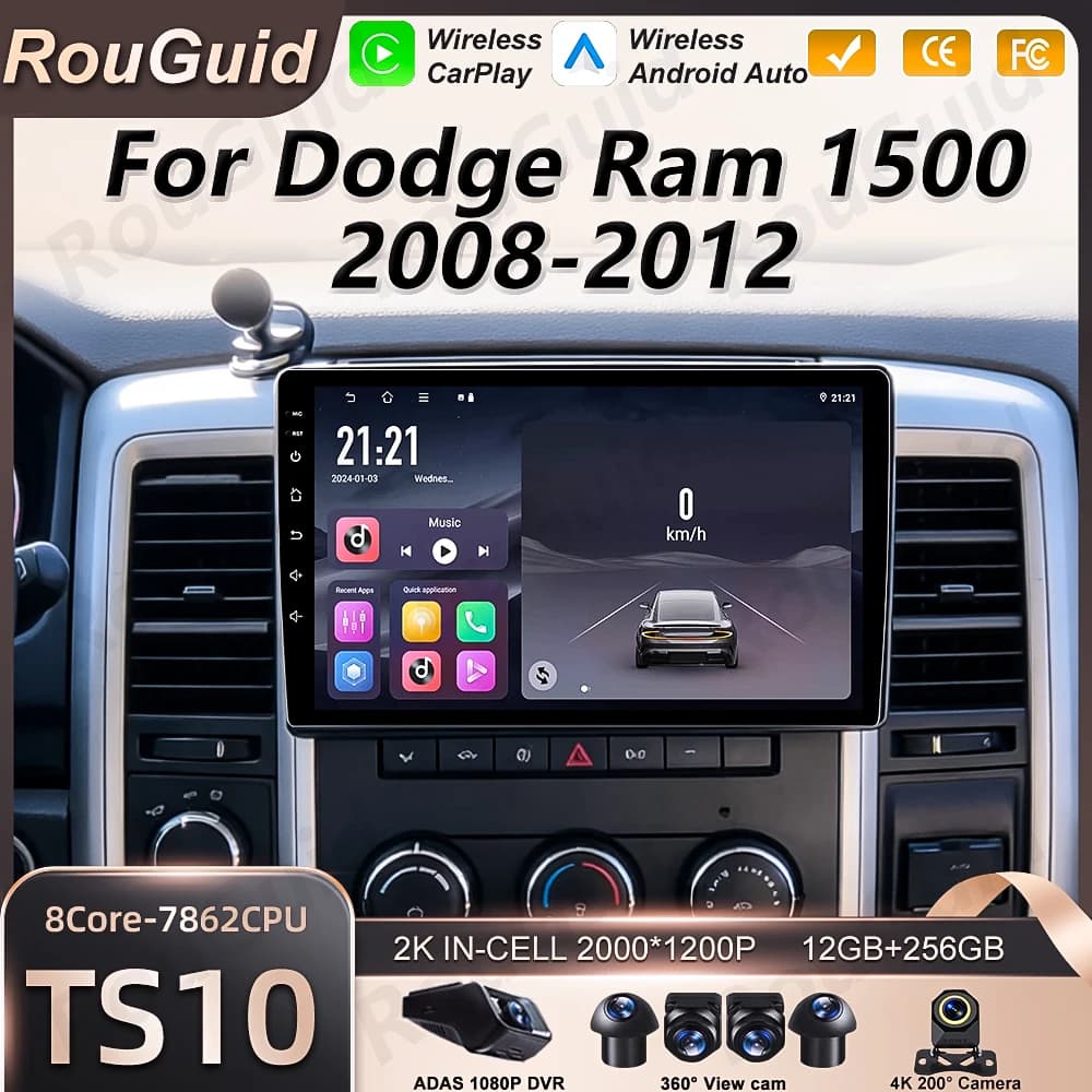 Autoradio Android 16 for Dodge Ram 1500 2008 2009 2010 2012 with Carplay, Multimedia Reader, GPS Navigation, DSP, Bluetooth, Stereo