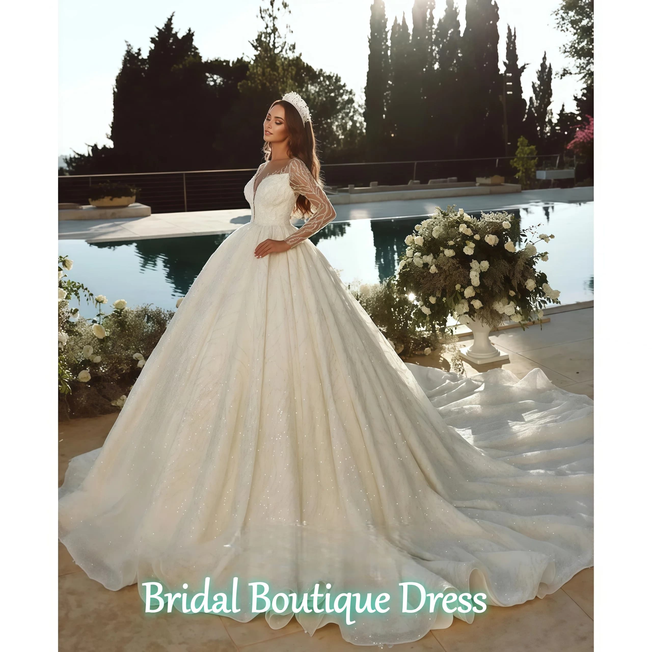 Customized exquisite princess dance dress tulle wedding dress or neck sequins beads long sleeve wedding dresses Dress De Novia