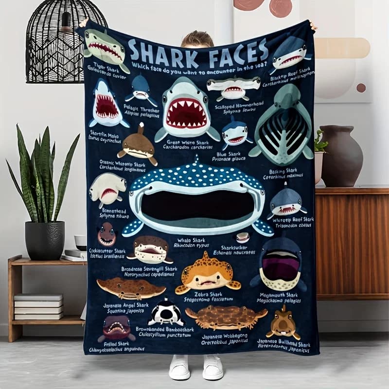 Cozy Shark Face patterns Flannel printed blanket suitable for all seasons suitable for living room office sofa and travel