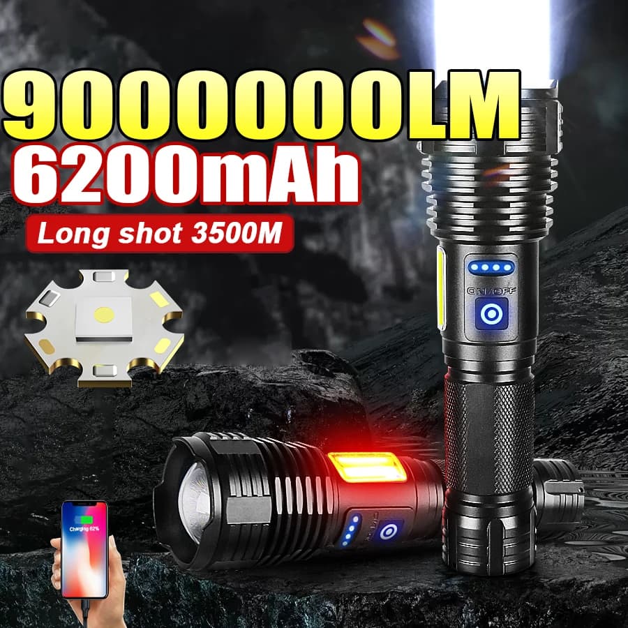 Torcia ricaricabile ad alta potenza da 90000000 lumen Torcia super luminosa Torcia tattica impermeabile con funzione flash COB