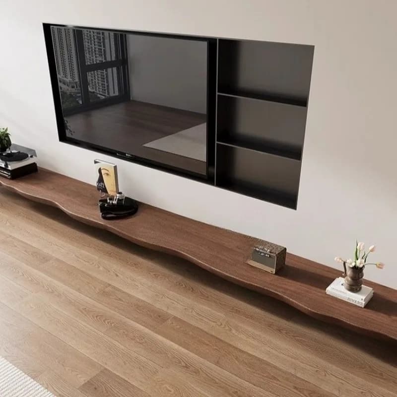 ‌ Mobile TV moderno galleggiante in legno, ripiano rustico a parete con legno massello, organizer salvaspazio per soggiorno in stile Airbnb
