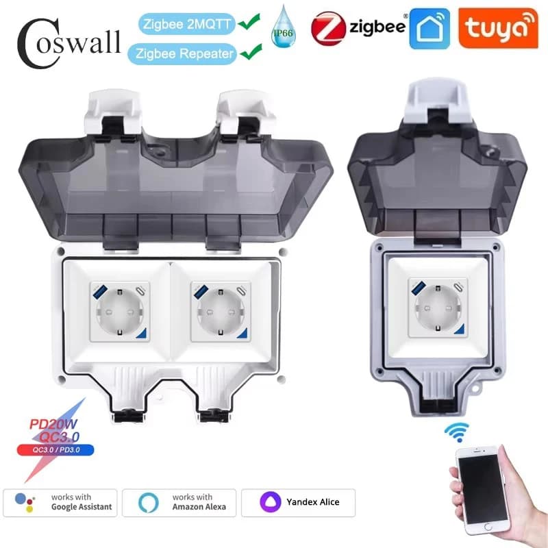 Coswall IP66 EU waterproof Tuya WIFI / Zigbee with PD 20W Type-C and a dual USB quick charger with power monitoring function